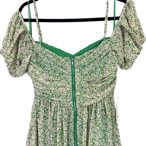 NWT Bardot Fauna Cold Shoulder Ruched Bodice Floral Midi Flare Dress Green Small - Picture 6 of 10